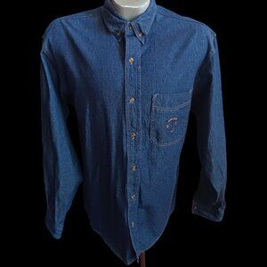 Vintage Denim Shirt Large 1990's Bugle Boy Raw Embroidered Crest Logo Preppy